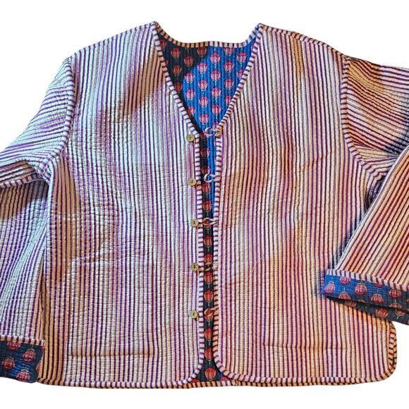 Quilted jacket, Blue/pink Lotus, screen print, 100 % cotton, reversible stripe - Picture 5 of 13